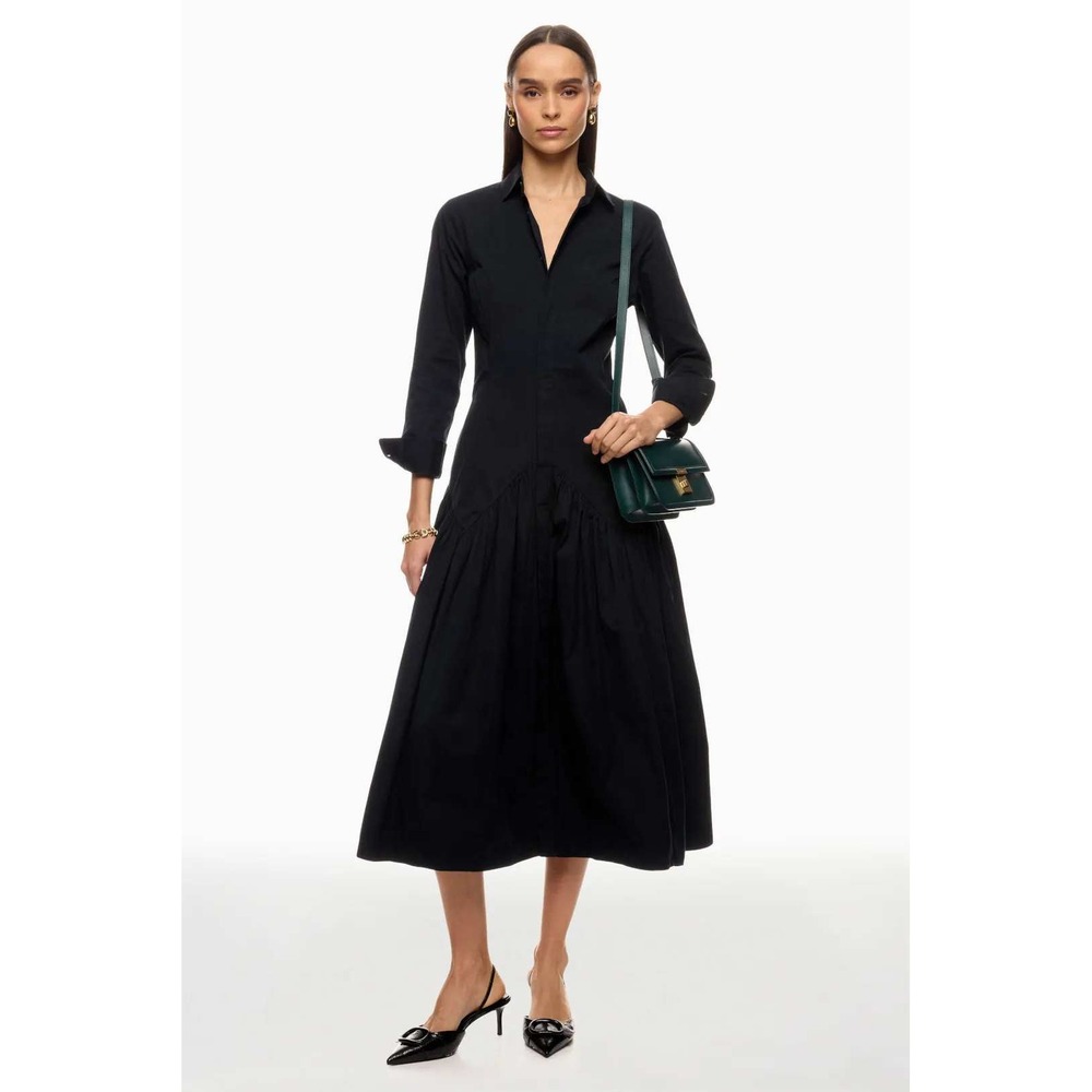 Polo Ralph Lauren Black Cotton Drop Waist Midi Shirtdress Size 0 Long Sleeve